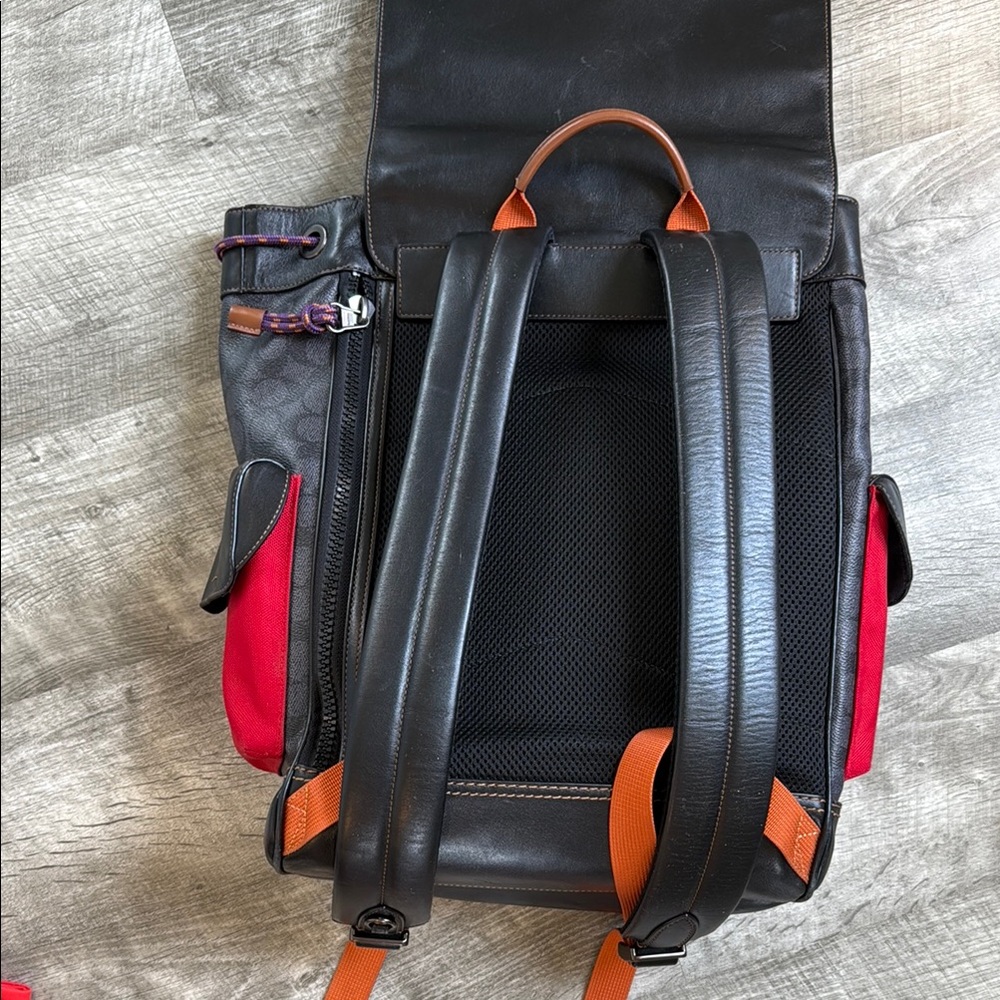 Coach Black and Red Leather Backpack with Flap-Over Design - Picture 5 of 5